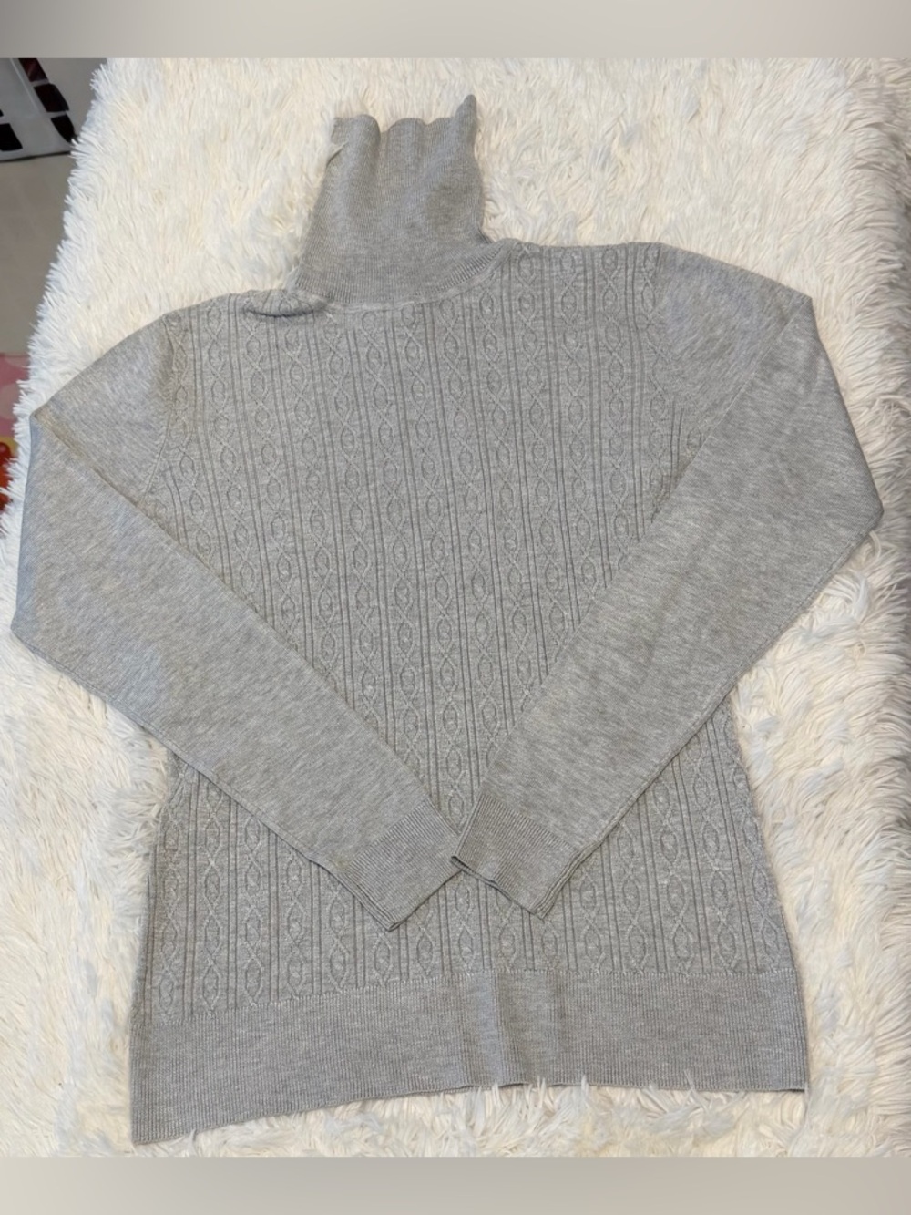 Classic Light Gray Turtleneck Cable Knit Sweater